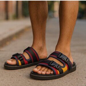 GREATS Canvas Buckle Slides Sandals Preppy Boat Beach Red Yellow Straps Men’s 8